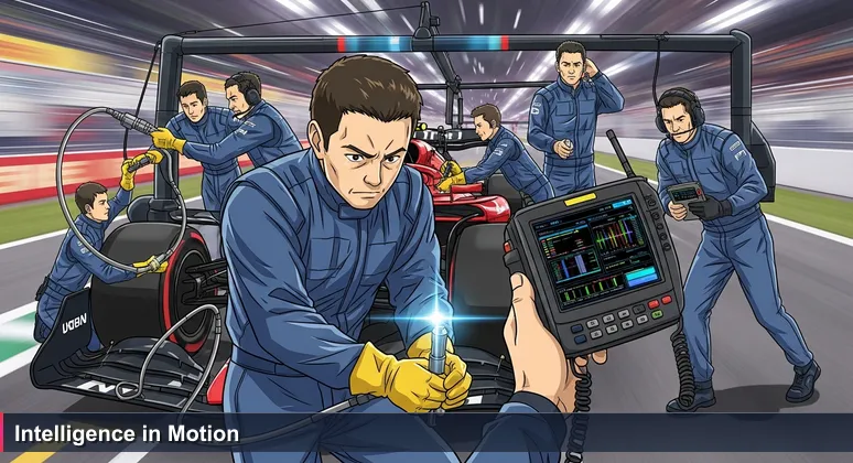 A Formula 1 pit crew in synchronized motion, with engineers using tools and analyzing telemetry data, symbolizing high-stakes applied AI engineering in Victorville's physical systems.