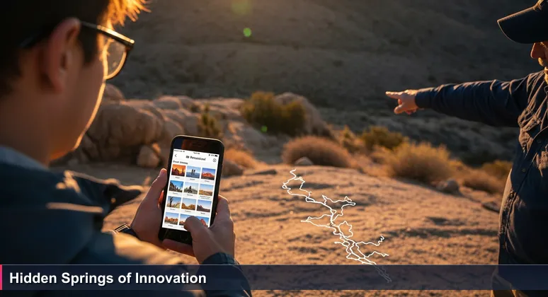 Tourist at a Mojave Desert overlook looks at a smartphone showing a top 10 list, while a local guide points to hidden animal trails leading to a spring, symbolizing Victorville's overlooked AI innovation.