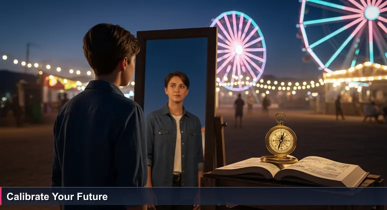 A tech professional gazes at a distorted reflection in a funhouse mirror at a desert carnival, symbolizing the affordability paradox in Victorville, CA.