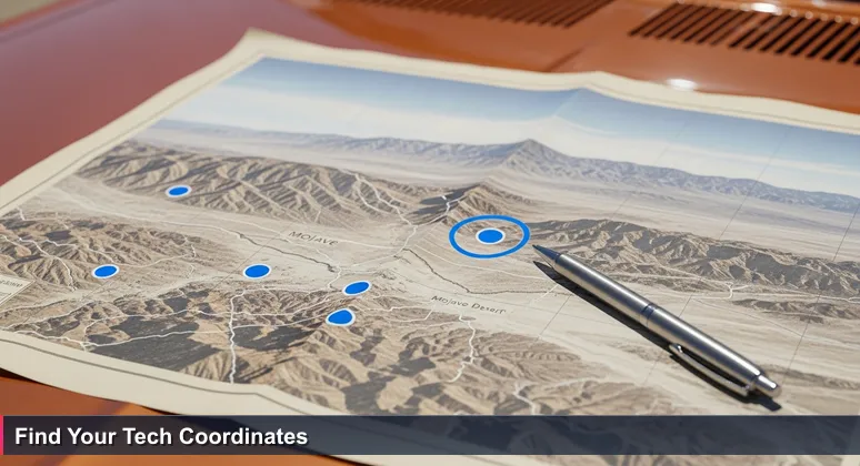 A sun-bleached Mojave Desert map on a car hood with circled blue dots representing hidden springs, symbolizing free tech training resources in Victorville.