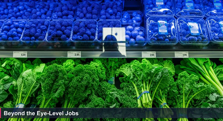 A shopper's hand in a supermarket, hesitating between flashy out-of-season berries and nutritious local kale, symbolizing AI career choices in Victorville.