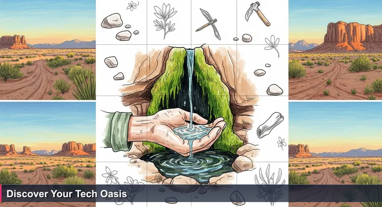 A hand cupping water from a desert spring in the Mojave, symbolizing hidden tech resources and innovation hubs in Victorville, CA.