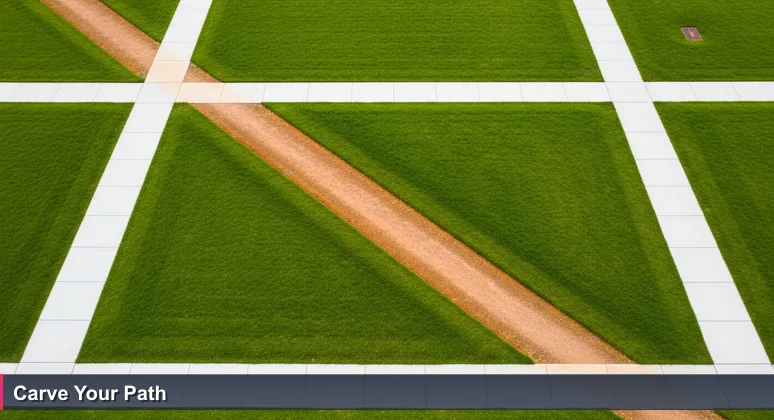Aerial view of a corporate lawn with straight sidewalks and a diagonal dirt desire path, symbolizing efficient skills-first career paths in Victorville's tech market.