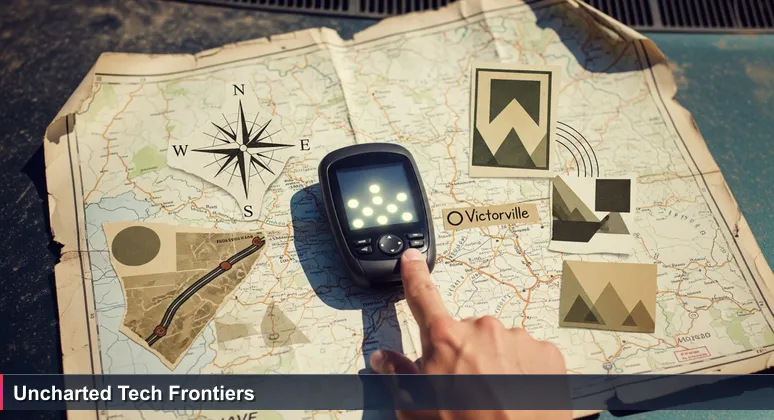 A vintage map of the Mojave Desert on a car hood with a glowing GPS device showing Victorville as a startup hub for junior developers, symbolizing hidden career opportunities.
