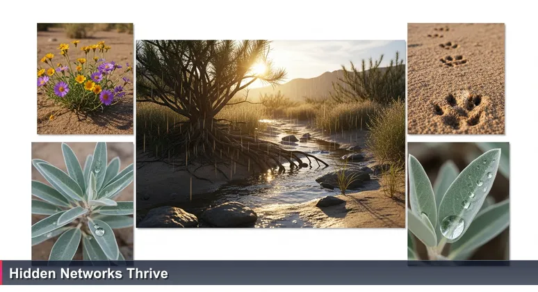 A Mojave desert wash with water trickling through rocks, creosote bush roots, blooming wildflowers, and animal tracks, symbolizing hidden opportunities for women in tech.