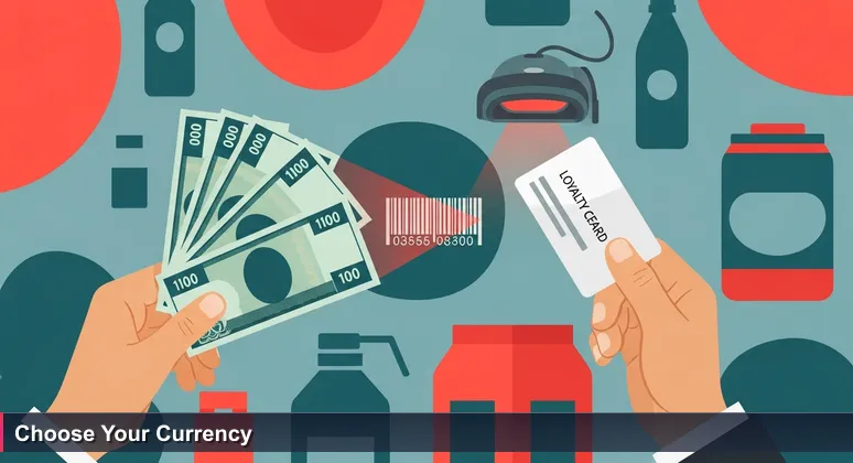 A hand at a Kuwaiti supermarket checkout choosing between Kuwaiti dinar banknotes and a digital loyalty card, symbolizing tech salary choices between cash and equity.