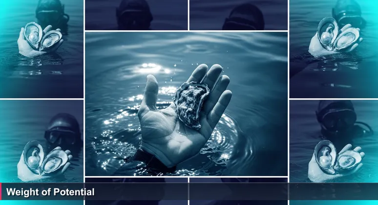 A pearl diver's weathered hand clutching a closed oyster shell emerging from turquoise Kuwaiti Gulf waters, symbolizing hidden AI potential.