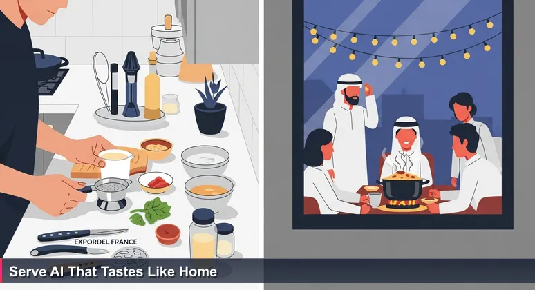 A cook in a Kuwaiti kitchen focused on a foreign recipe, with a diwaniya scene outside where people enjoy traditional machboos, symbolizing local AI adaptation.