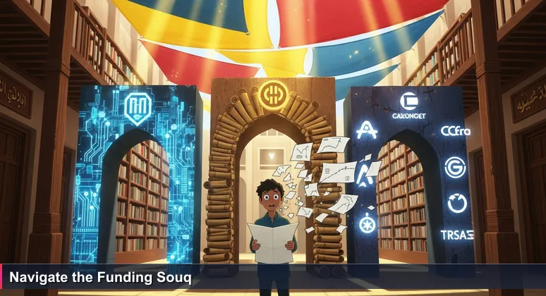 A person at the entrance of Mubarakiya Souq in Kuwait City, looking at alleyways labeled with tech training funding options like government scrolls and corporate logos.