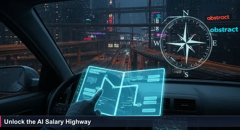 A hand touching a GPS display with a simple route, contrasted by a bustling multi-level highway interchange in the background, symbolizing Kuwait's AI salary landscape.