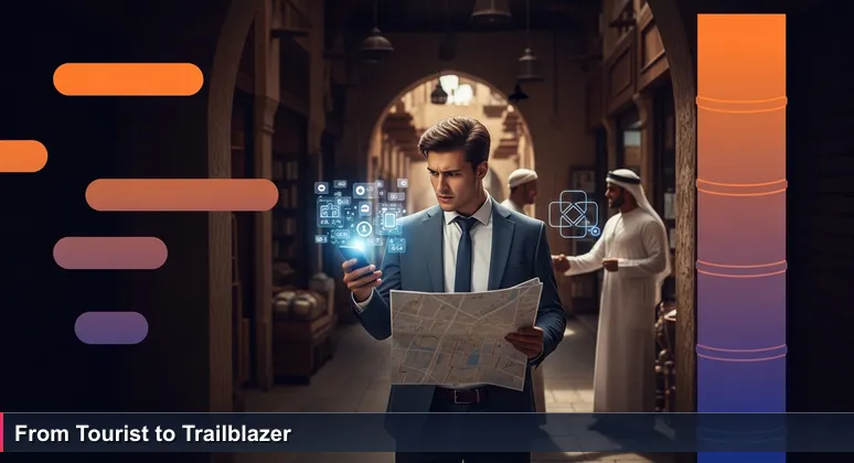 A young professional in a traditional Kuwaiti souq, looking overwhelmed while holding a smartphone with an AI events calendar and a crumpled paper map, as locals network confidently in the background.