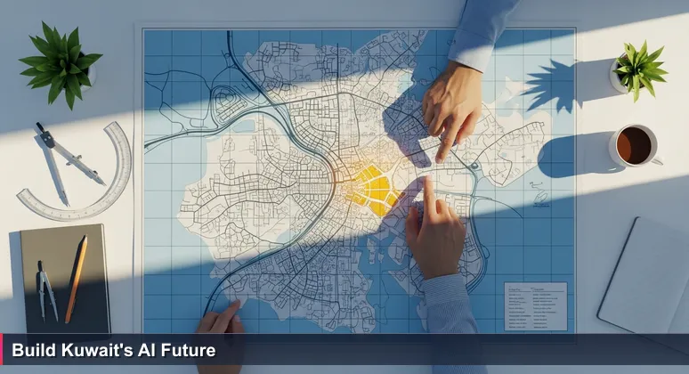 A wide-angle view of an urban planner's desk in Kuwait City, showing a detailed map with a penciled 'New District' addition, symbolizing AI career choices between established companies and innovative projects.