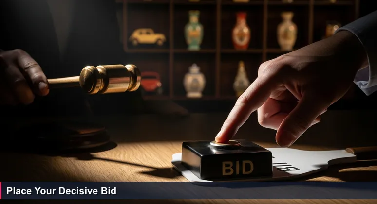 A close-up of a hand hovering over a bid button on an auction paddle, with dramatic spotlight and a blurred auction hammer in the background.