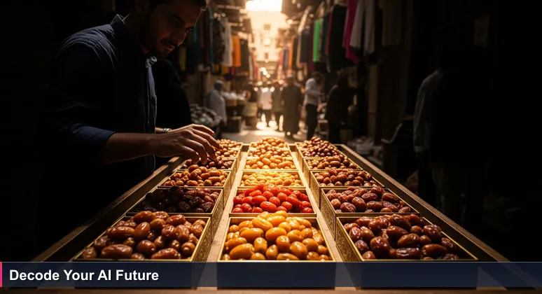 A person in a bustling Kuwaiti souq thoughtfully selecting dates from ten ornate boxes, symbolizing the choice of AI tech bootcamps for career advancement in Kuwait.