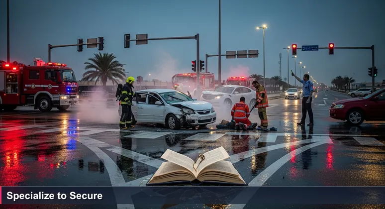 A chaotic multi-vehicle accident scene in Kuwait City with a firefighter, paramedic, and police officer responding to different emergencies, symbolizing cybersecurity specialization.