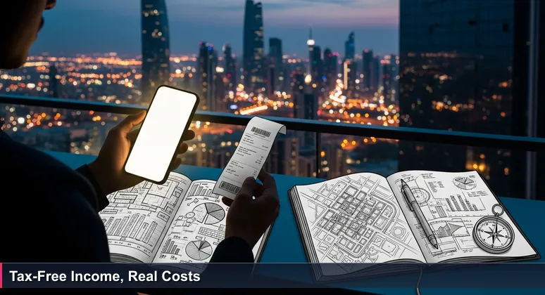 A tech professional on a balcony in Kuwait City at dusk, looking at a smartphone showing a KWD salary and holding a grocery store receipt, with a thoughtful expression.