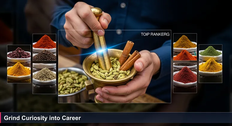 Hands grinding spices in a mortar at Kuwait's Al-Mubarakiya Souq, symbolizing the transformation of raw curiosity into tech skills through free community training.