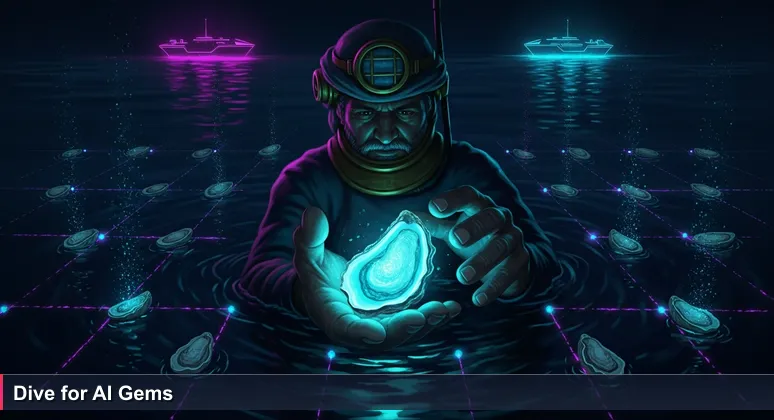 A Kuwaiti pearl diver holds an unopened oyster in the Gulf waters, with modern cargo ships on the horizon, symbolizing hidden AI opportunities in Kuwait's core industries.