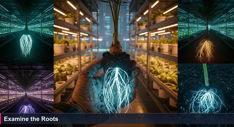 Close-up of hands examining the roots of a date palm sapling in an urban greenhouse, symbolizing hidden networks in Kuwait's tech hubs.