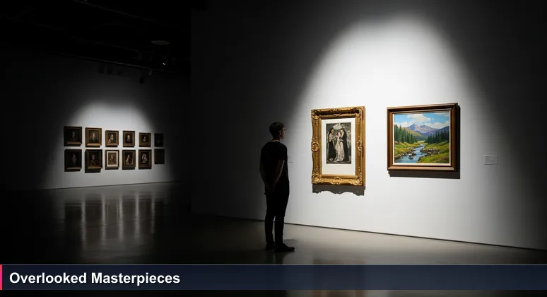 A visitor in an art gallery ignoring a vibrant painting in a plain frame to focus on a generic print in an ornate frame, symbolizing Kuwait's tech job shift towards skills over degrees.