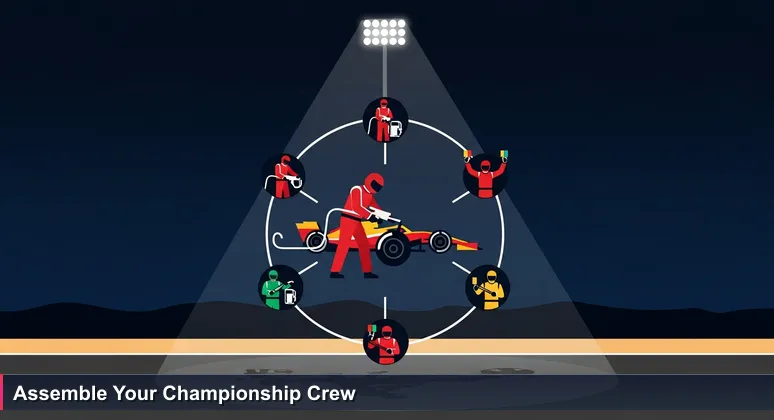 A Formula 1 pit stop at a night race in the Kuwait desert, with mechanics in uniform working together on a race car under bright lights.