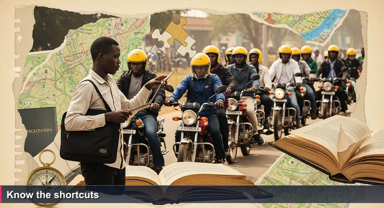 Young person at a boda boda stage in Kampala holding a phone and laptop bag, surrounded by motorcycle riders, one pointing and saying 'short cut', representing the many options for starting an AI career in Uganda.