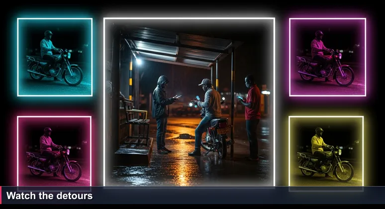 A passenger in a damp jacket haggles with a boda rider on a rainy Kampala evening as three other riders wait. Phone screens glow, water gleams on tarmac. The scene conveys the choice between fare and hidden costs.