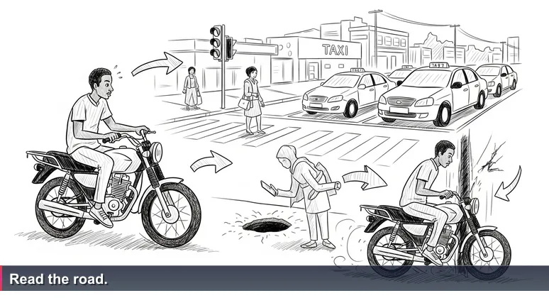 A boda boda rider at a Kampala intersection, scanning traffic and pedestrians, foot hovering over the ground, ready to make a split-second decision.