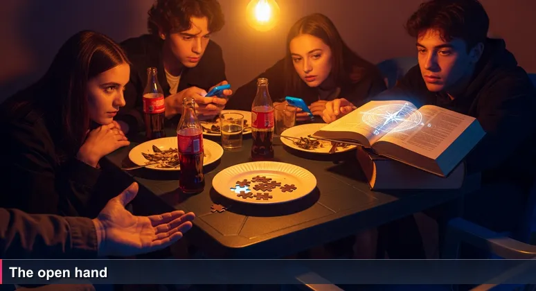 A warm Kampala night canteen. A small table with plates of rolex and soda bottles. Four young people lean in, phones glowing, one hand open gesturing to an empty seat. Yellow bulb light.