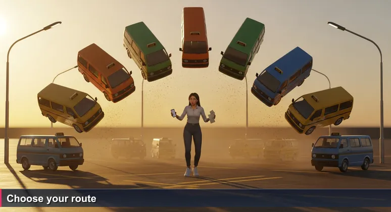 A chaotic Kampala taxi park with a young woman looking confused at her phone, surrounded by taxis and conductors shouting routes, symbolizing the overwhelming choice of bootcamps.