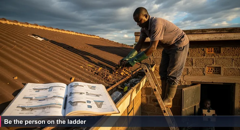A man in muddy gumboots, balanced on a rusted ladder against a Kampala rooftop, pulling debris from a gutter as rain clouds gather.