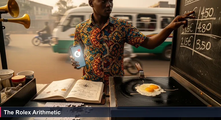 Young Ugandan tech professional at a roadside Rolex stall, holding smartphone showing MTN MoMo salary notification, hand reaching to menu board with updated prices, egg sizzling on hotplate in background
