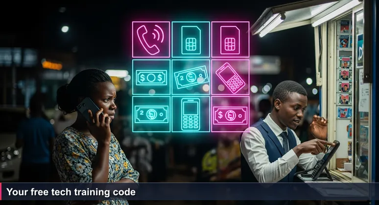 A woman at a mobile money kiosk in Kampala, looking confused as the agent points to her phone screen, with SIM cards and signs in background.