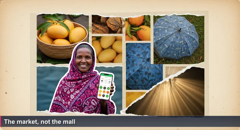 Woman in gomesi at Owino Market checking AI weather app on smartphone, with basket of mangoes and MTN umbrella behind.
