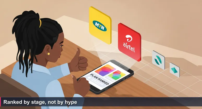 A young Ugandan developer's thumb hovers over three mobile money plans on her phone, representing the choice paralysis when selecting a coworking space.
