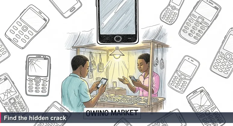 A buyer at Owino Market examines a second-hand smartphone with a hairline crack on screen, while a seller watches; the scene symbolizes the need to look beyond surface details.