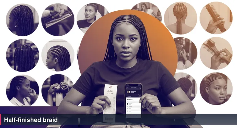 A young woman in a Kampala salon with half-braided hair looking at her phone, with an Airtel Money receipt nearby.