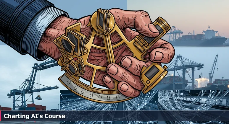 A sailor's weathered hand holds a brass sextant pointed at a modern industrial port with cranes and fiber optic cables in Chesapeake, VA.