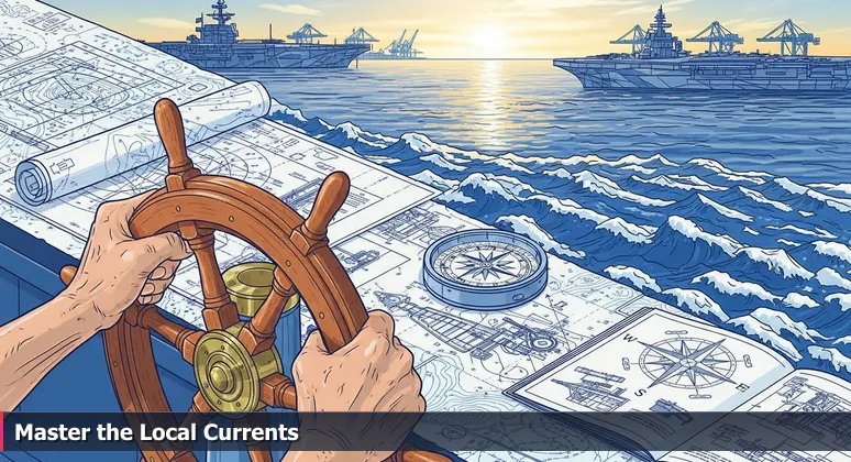 Close-up of hands gripping a sailboat wheel on the Chesapeake Bay at dawn, with naval carriers and port cranes in the background, symbolizing navigating an AI career in Hampton Roads.