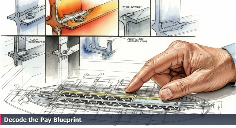 A naval architect's hand tracing detailed ship blueprints with annotations for steel grade and systems, symbolizing the hidden value behind tech salaries in Chesapeake's defense industry.