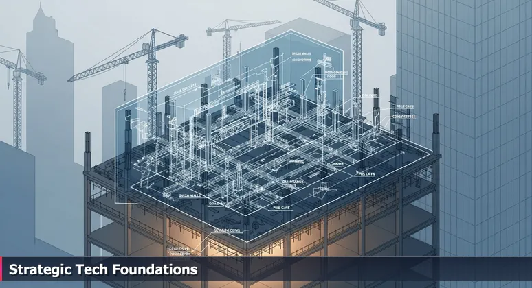 A civil engineer's blueprint overlaid on the steel frame of a skyscraper under construction, highlighting the load-bearing foundation with cranes in the background