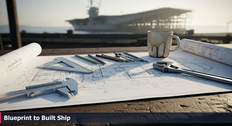 A detailed ship blueprint on a weathered workbench in a Newport News shipyard, symbolizing the transition from AI theory to practical skills for Chesapeake's job market.