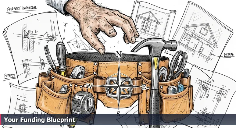 A close-up image of a weathered hand hovering over a cluttered tool belt with visible and hidden tools, symbolizing the diverse funding options for tech training in Chesapeake, VA