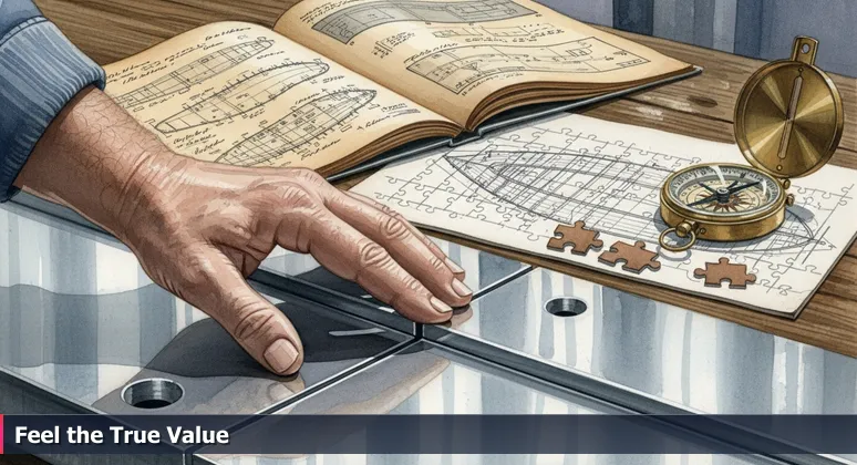 A shipwright's weathered hand feeling a seamless weld at a Hampton Roads shipyard, symbolizing the mastery of evaluating AI salaries in Chesapeake's 2026 market.