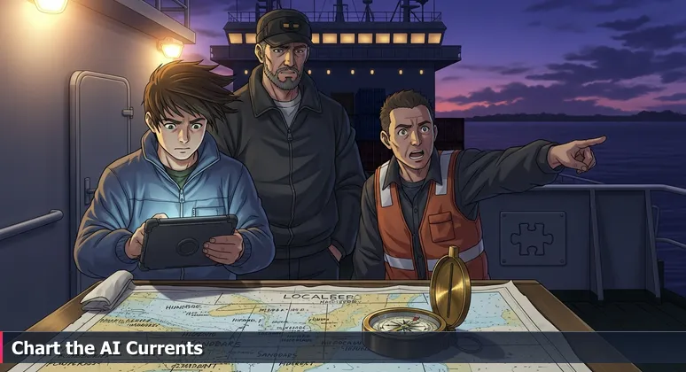 Crew members on a ship deck at dusk in Hampton Roads, discussing a navigational chart with AI meetup notes, representing AI community collaboration.