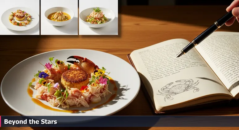 A food critic's notebook open next to an elegantly plated Chesapeake crab dish, with a pen hovering over notes about mission and tech stack instead of star ratings.