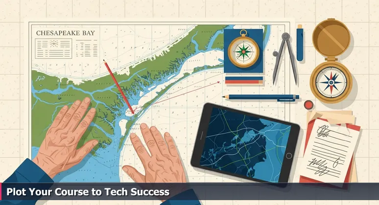 Weathered hands holding a nautical chart over a digital tablet, symbolizing career navigation in Hampton Roads tech.