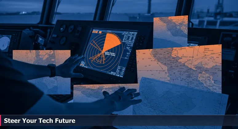 Captain on a dimly lit cargo ship bridge at night in Chesapeake Bay, hands over a digital radar screen showing Hampton Roads bridge-tunnel and a worn paper chart with depth markings, symbolizing high-stakes AI bootcamp selection.
