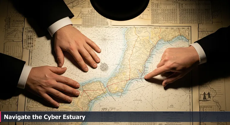 A ship captain and harbor pilot's hands exchanging a nautical chart of Hampton Roads, symbolizing specialized cybersecurity knowledge transfer in Chesapeake, VA.