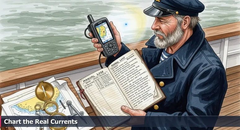 Sailor comparing GPS data to handwritten logbook on a ship in Chesapeake Bay, representing the reality behind salary numbers.